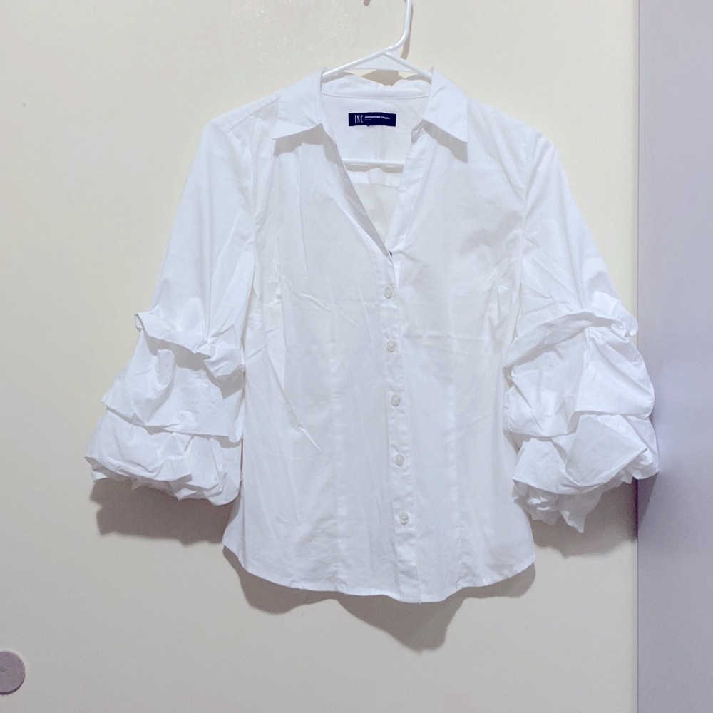 INC International Concepts White Button-Down Shirt with Ruffle Sleeve Detail